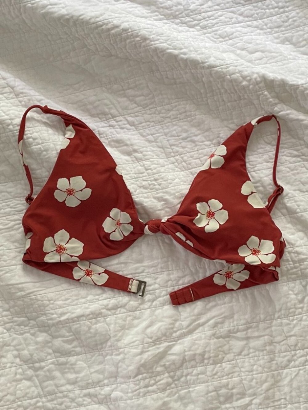 Floral Knot Front Red Triangle Bikini Top